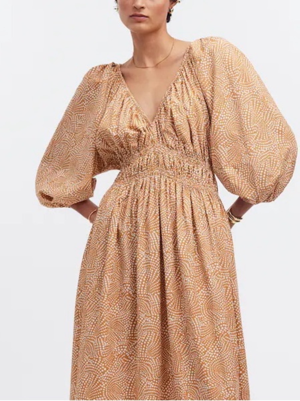 Madewell Puff-Sleeve Smocked Midi Dress in Tan Dot